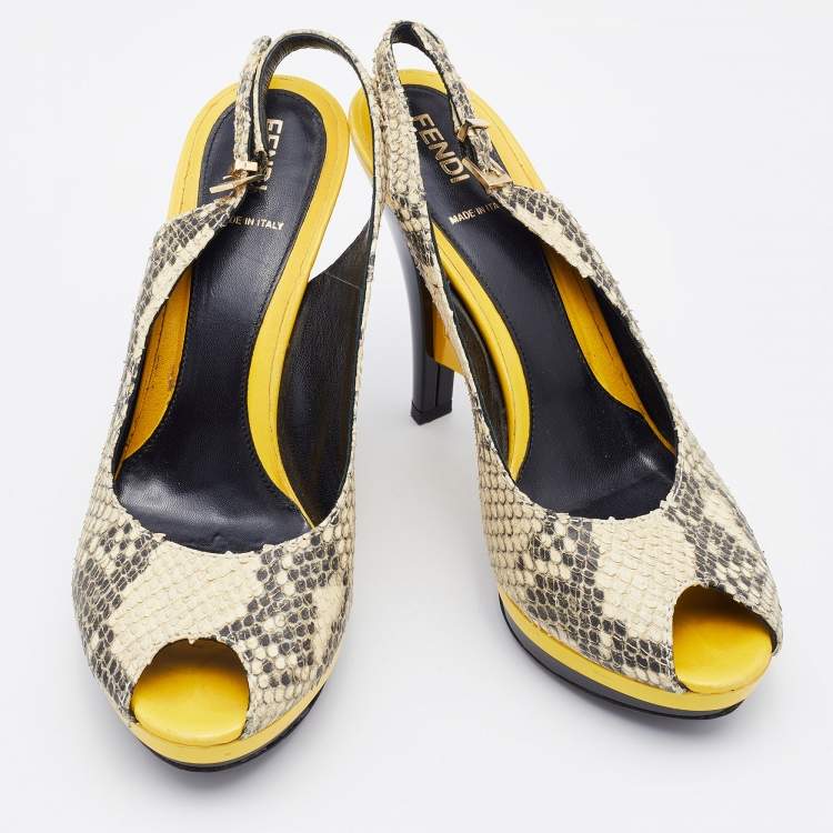 Pre Owned Fendi Cream/Black Python Embossed Leather Peep Toe Platform Slingback Pumps Size 38