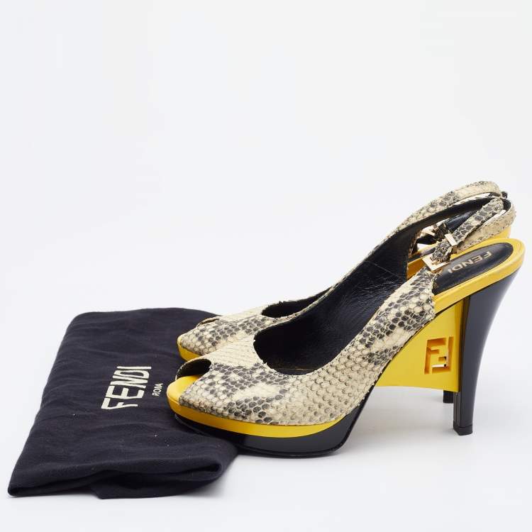 Pre Owned Fendi Cream/Black Python Embossed Leather Peep Toe Platform Slingback Pumps Size 38