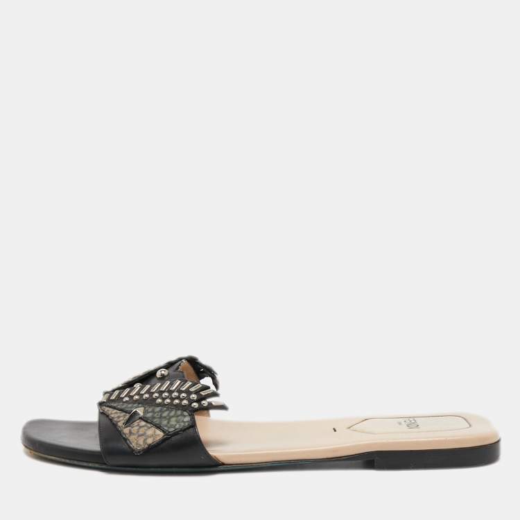 Pre Owned Fendi Black Leather Studded Flat Slides Size 38