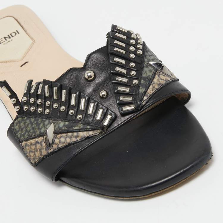 Pre Owned Fendi Black Leather Studded Flat Slides Size 38