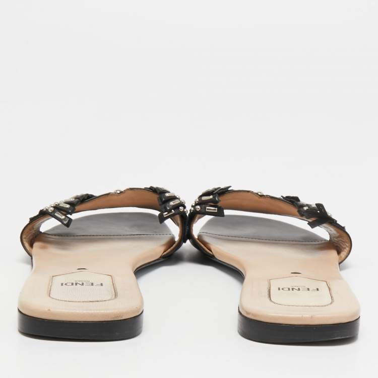 Pre Owned Fendi Black Leather Studded Flat Slides Size 38