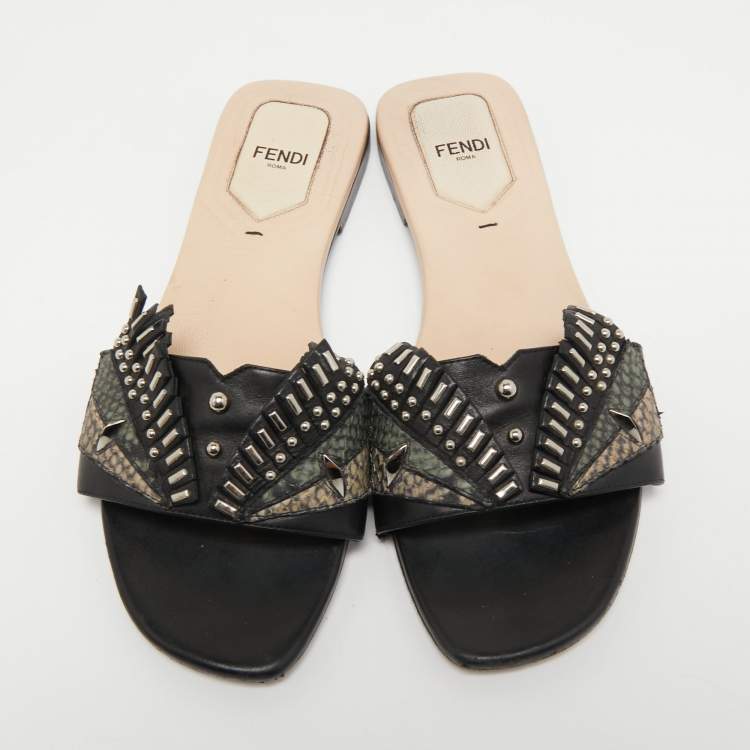 Pre Owned Fendi Black Leather Studded Flat Slides Size 38