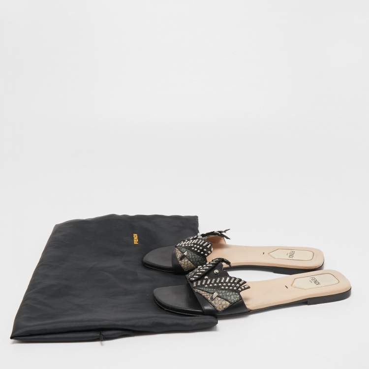 Pre Owned Fendi Black Leather Studded Flat Slides Size 38