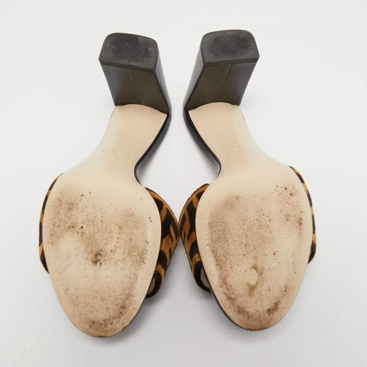 Pre Owned  Fendi Brown/Black Zucca Velvet And Leather Slip On Slides Size 39