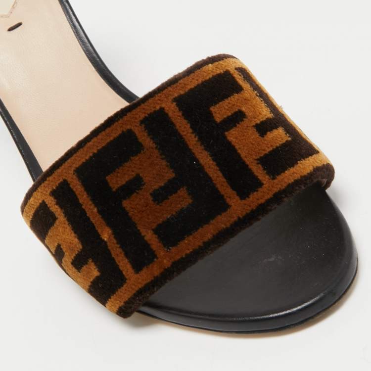 Pre Owned  Fendi Brown/Black Zucca Velvet And Leather Slip On Slides Size 39