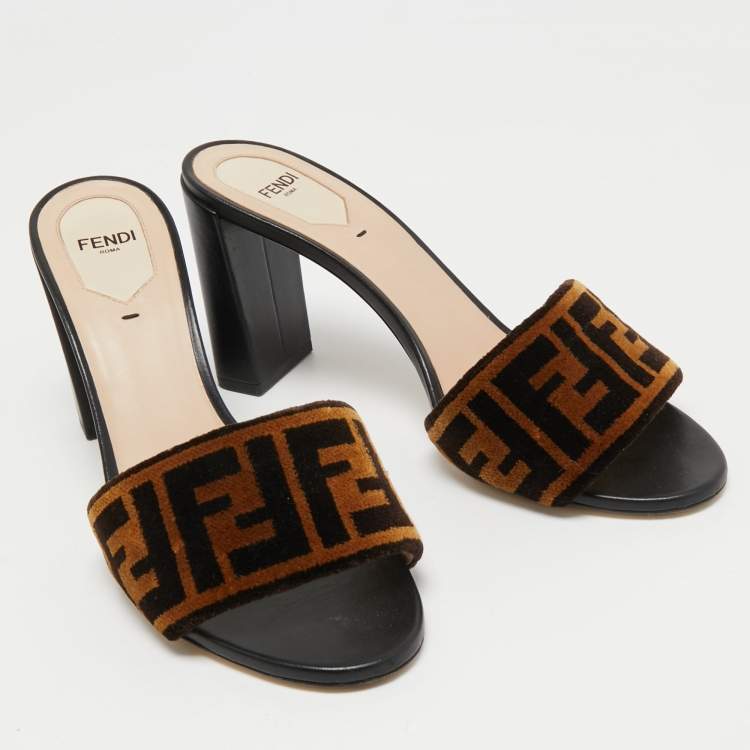 Pre Owned  Fendi Brown/Black Zucca Velvet And Leather Slip On Slides Size 39