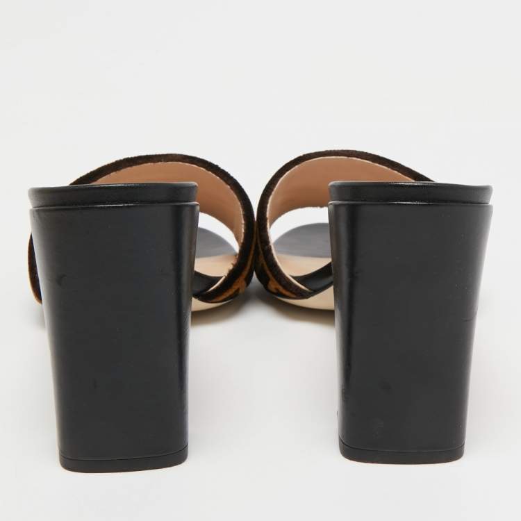 Pre Owned  Fendi Brown/Black Zucca Velvet And Leather Slip On Slides Size 39