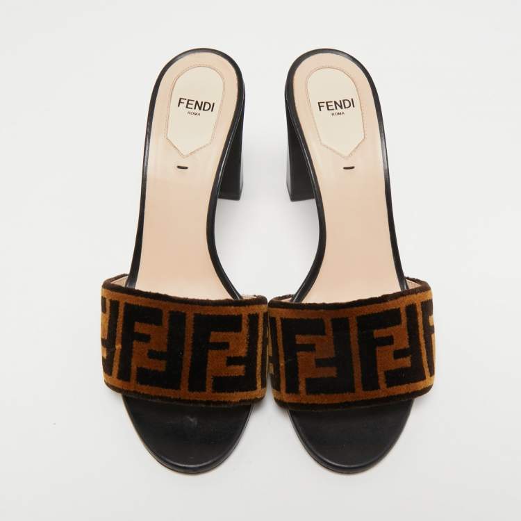 Pre Owned  Fendi Brown/Black Zucca Velvet And Leather Slip On Slides Size 39