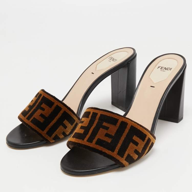 Pre Owned  Fendi Brown/Black Zucca Velvet And Leather Slip On Slides Size 39