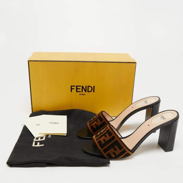 Pre Owned  Fendi Brown/Black Zucca Velvet And Leather Slip On Slides Size 39
