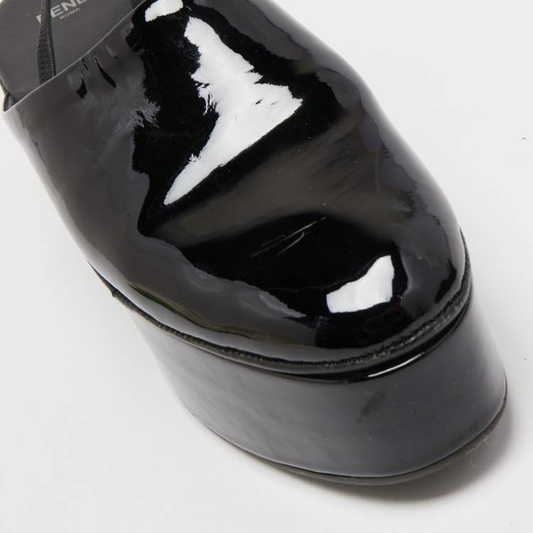 Pre Owned Fendi Black Patent Leather Platform Slingback Mules Size 41