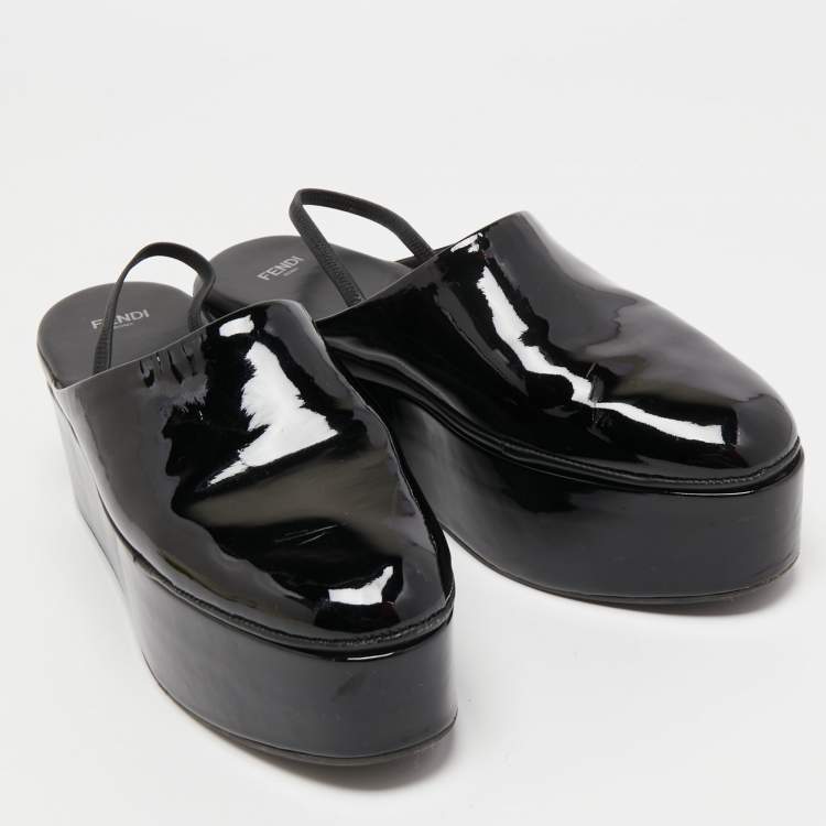 Pre Owned Fendi Black Patent Leather Platform Slingback Mules Size 41