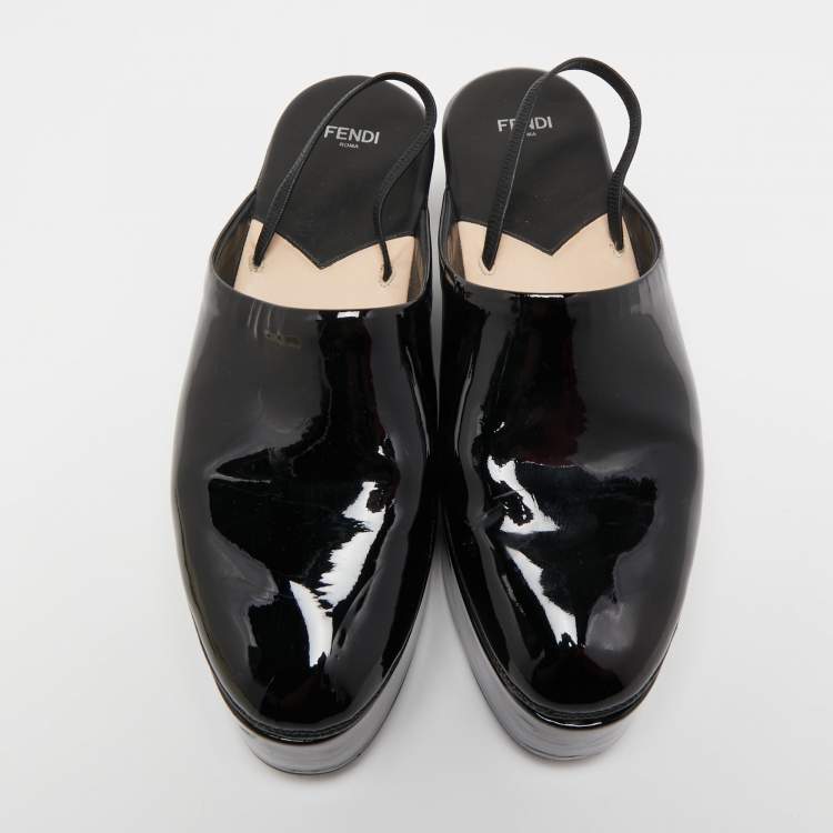 Pre Owned Fendi Black Patent Leather Platform Slingback Mules Size 41