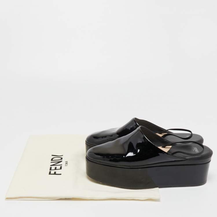 Pre Owned Fendi Black Patent Leather Platform Slingback Mules Size 41