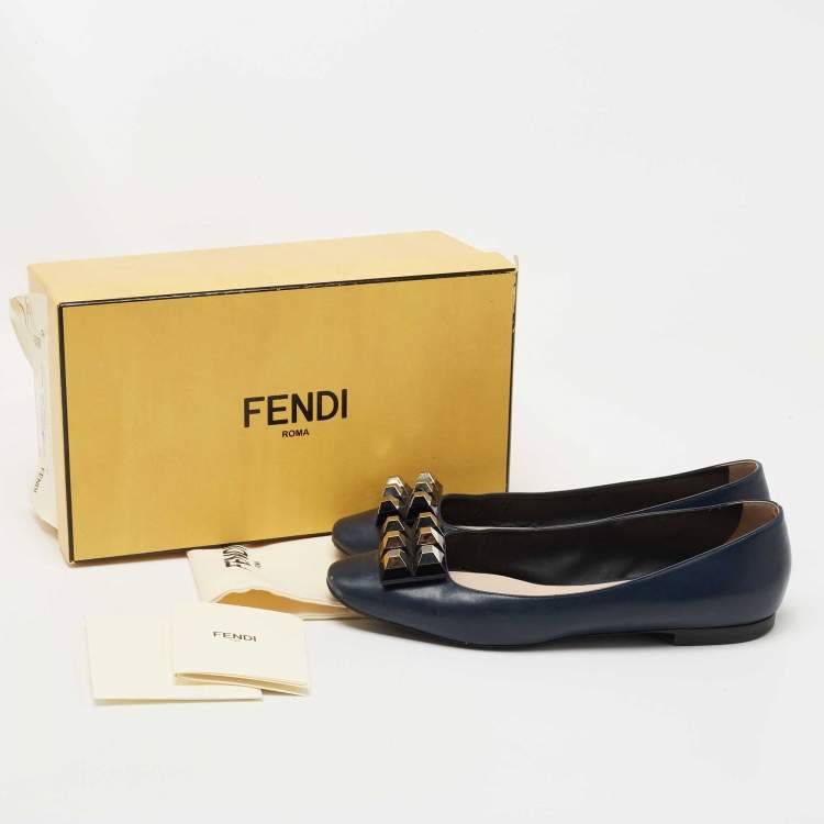 Pre Owned Fendi  Navy Blue Leather Studded Ballet Flats Size 41
