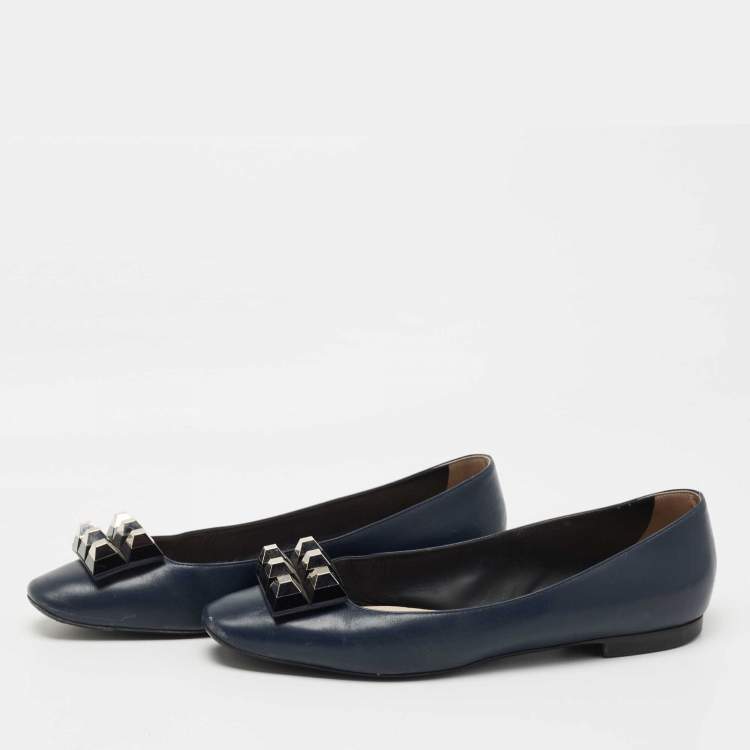 Pre Owned Fendi  Navy Blue Leather Studded Ballet Flats Size 41