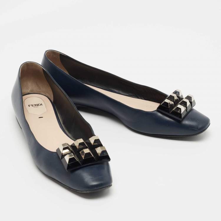 Pre Owned Fendi  Navy Blue Leather Studded Ballet Flats Size 41