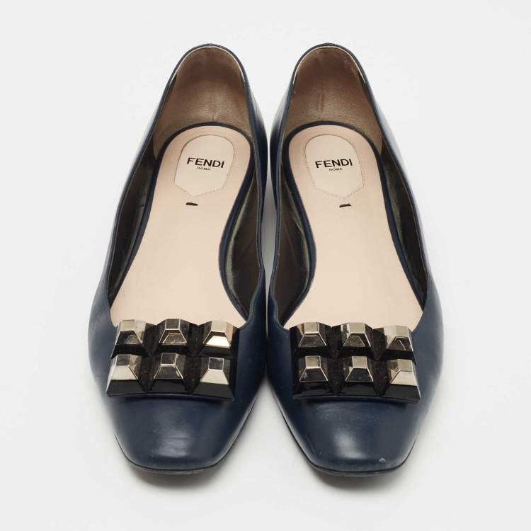 Pre Owned Fendi  Navy Blue Leather Studded Ballet Flats Size 41