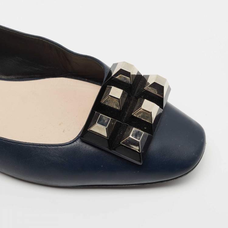 Pre Owned Fendi  Navy Blue Leather Studded Ballet Flats Size 41