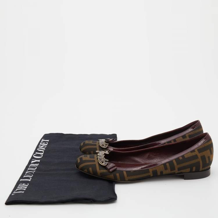 Pre Owned Fendi Brown/Burgundy Zucca Canvas and Patent Leather Logo Ballet Flats Size 36