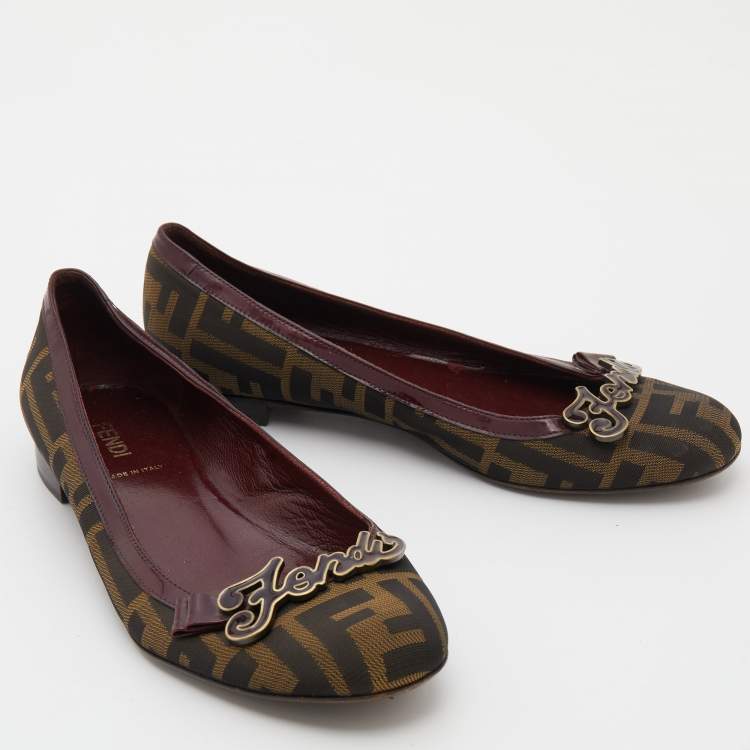 Pre Owned Fendi Brown/Burgundy Zucca Canvas and Patent Leather Logo Ballet Flats Size 36