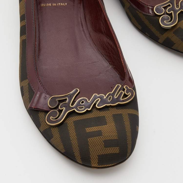 Pre Owned Fendi Brown/Burgundy Zucca Canvas and Patent Leather Logo Ballet Flats Size 36