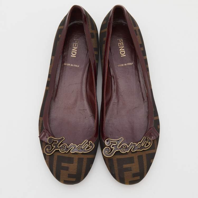 Pre Owned Fendi Brown/Burgundy Zucca Canvas and Patent Leather Logo Ballet Flats Size 36