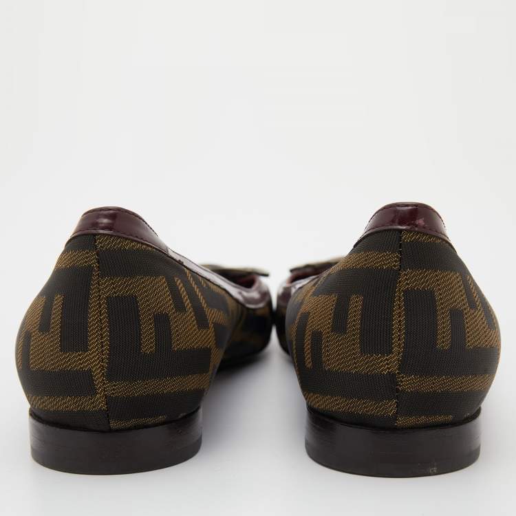 Pre Owned Fendi Brown/Burgundy Zucca Canvas and Patent Leather Logo Ballet Flats Size 36