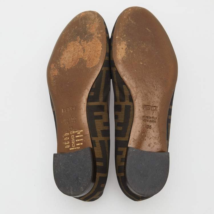 Pre Owned Fendi Brown/Burgundy Zucca Canvas and Patent Leather Logo Ballet Flats Size 36