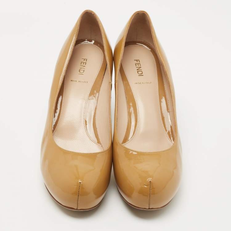 Pre Owned Fendi Beige Patent Leather Zucca Heel Platform Pumps Size 41