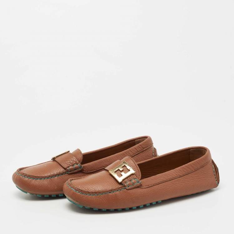 مملوكة مسبقًا Fendi Brown Leather FF Logo Slip On Loafers Size 37