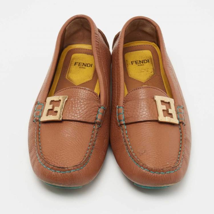 مملوكة مسبقًا Fendi Brown Leather FF Logo Slip On Loafers Size 37