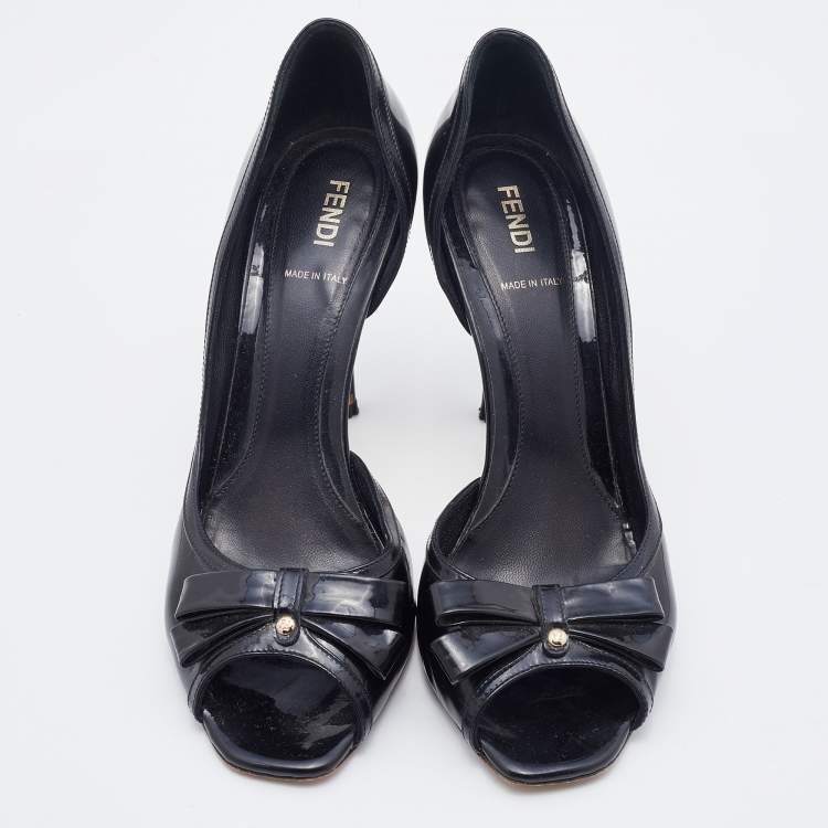 Pre Owned Fendi Black Patent Leather Bow Peep Toe D'orsay Pumps Size 38.5