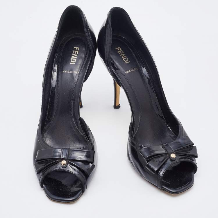 Pre Owned Fendi Black Patent Leather Bow Peep Toe D'orsay Pumps Size 38.5
