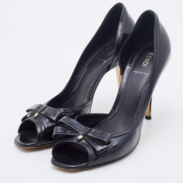 Pre Owned Fendi Black Patent Leather Bow Peep Toe D'orsay Pumps Size 38.5