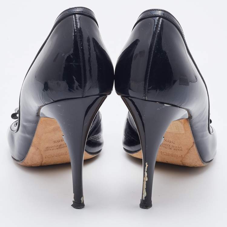Pre Owned Fendi Black Patent Leather Bow Peep Toe D'orsay Pumps Size 38.5