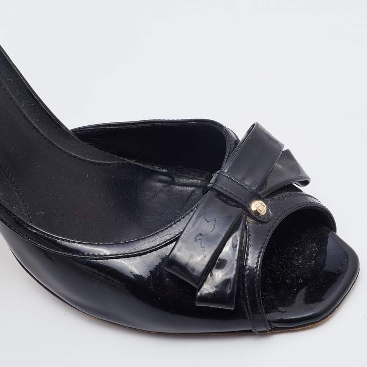 Pre Owned Fendi Black Patent Leather Bow Peep Toe D'orsay Pumps Size 38.5
