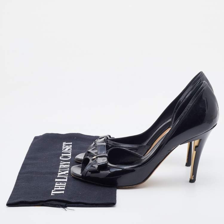 Pre Owned Fendi Black Patent Leather Bow Peep Toe D'orsay Pumps Size 38.5