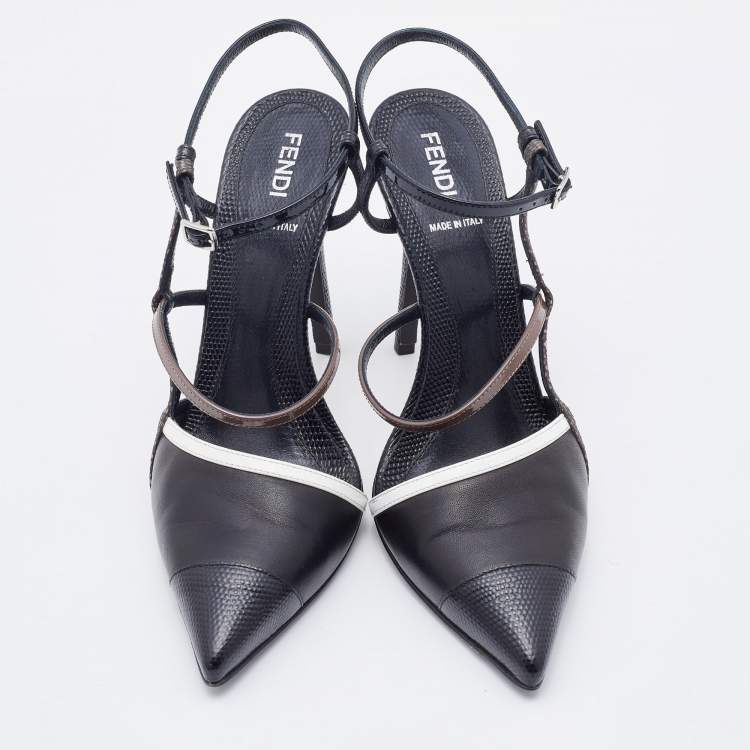 Pre Owned Fendi Black Leather and Lizard Embossed Pointed Toe Ankle Strap Pumps Size 37
