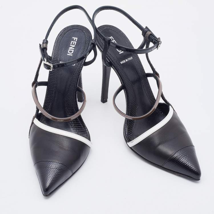 Pre Owned Fendi Black Leather and Lizard Embossed Pointed Toe Ankle Strap Pumps Size 37