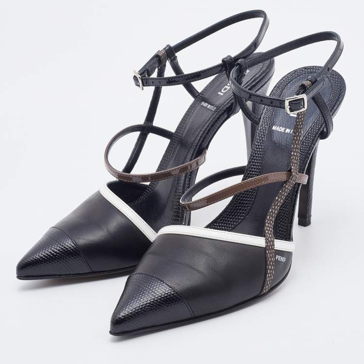 Pre Owned Fendi Black Leather and Lizard Embossed Pointed Toe Ankle Strap Pumps Size 37