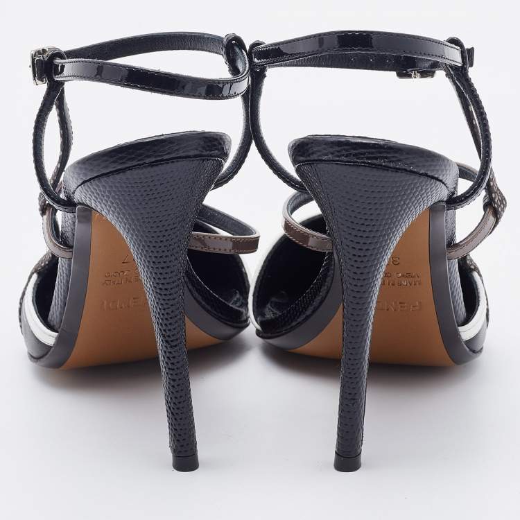 Pre Owned Fendi Black Leather and Lizard Embossed Pointed Toe Ankle Strap Pumps Size 37