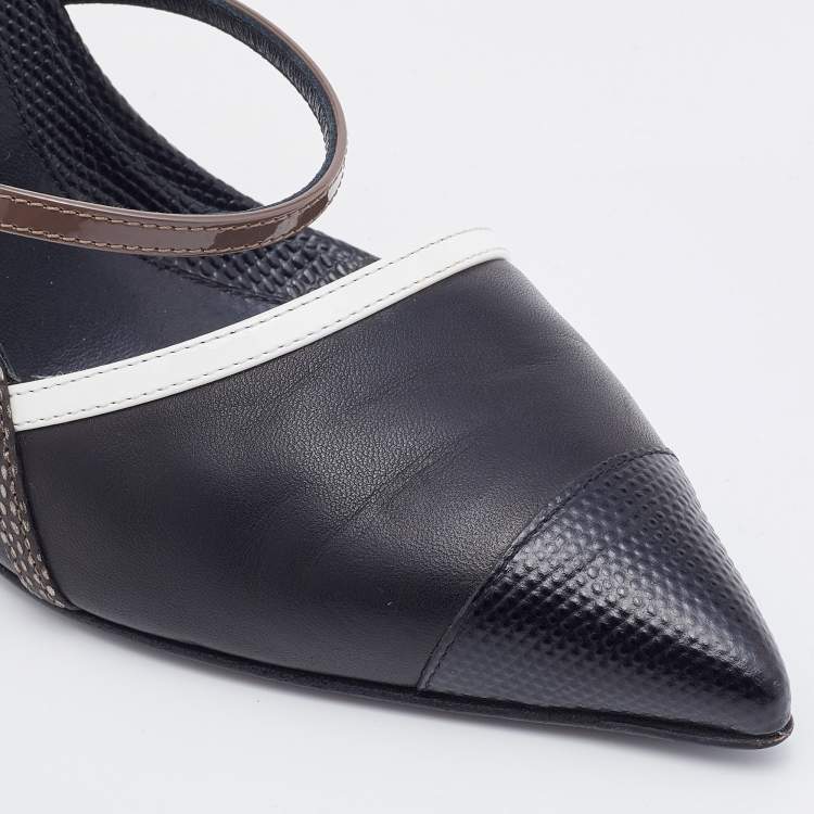 Pre Owned Fendi Black Leather and Lizard Embossed Pointed Toe Ankle Strap Pumps Size 37