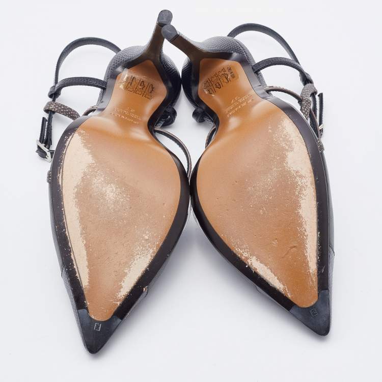 Pre Owned Fendi Black Leather and Lizard Embossed Pointed Toe Ankle Strap Pumps Size 37