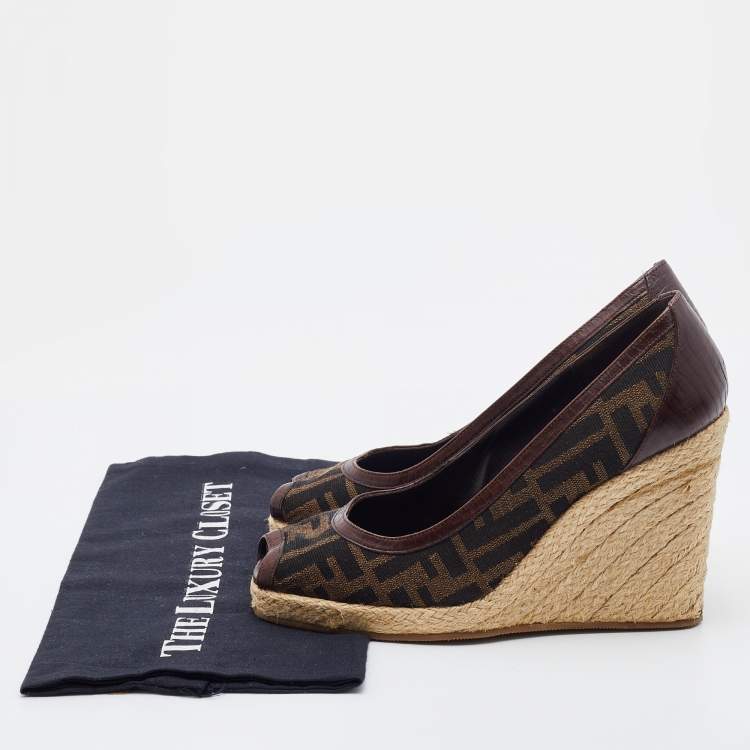 Pre Owned Fendi Brown Zucca Canvas and Leather Zeppa Espadrille Wedge Pumps Size 37.5