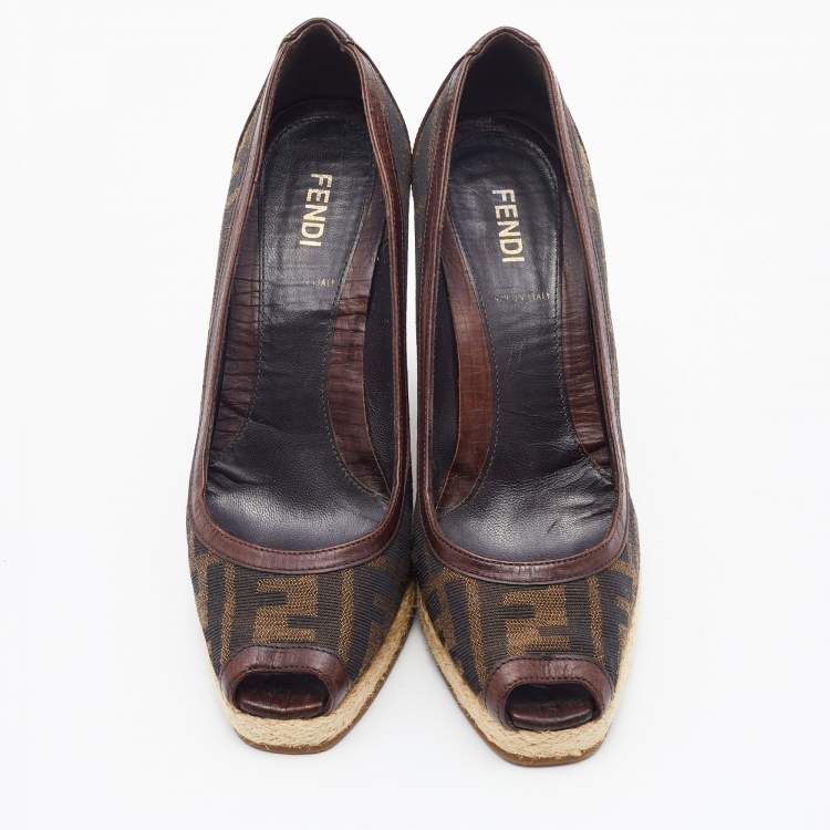 Pre Owned Fendi Brown Zucca Canvas and Leather Zeppa Espadrille Wedge Pumps Size 37.5