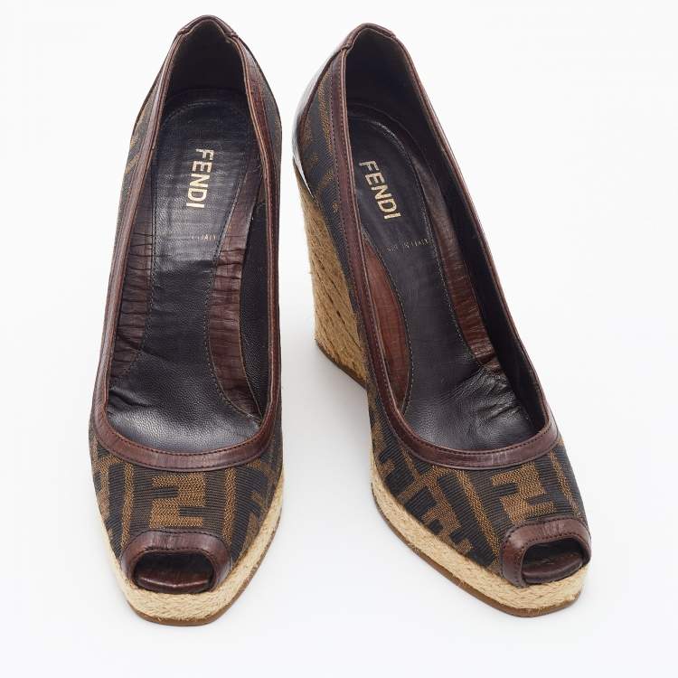 Pre Owned Fendi Brown Zucca Canvas and Leather Zeppa Espadrille Wedge Pumps Size 37.5