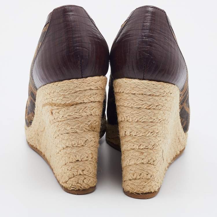 Pre Owned Fendi Brown Zucca Canvas and Leather Zeppa Espadrille Wedge Pumps Size 37.5