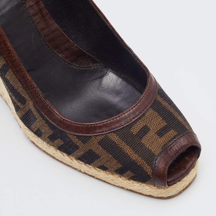 Pre Owned Fendi Brown Zucca Canvas and Leather Zeppa Espadrille Wedge Pumps Size 37.5