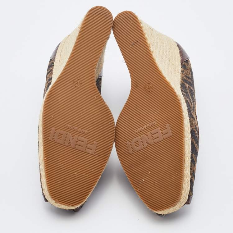 Pre Owned Fendi Brown Zucca Canvas and Leather Zeppa Espadrille Wedge Pumps Size 37.5